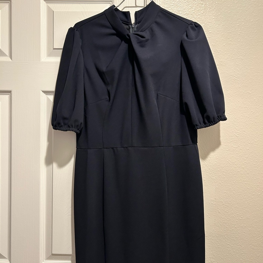 Donna Morgan Navy Twisted Keyhole with Puff Sleeves sheath dress - Picture 2 of 5